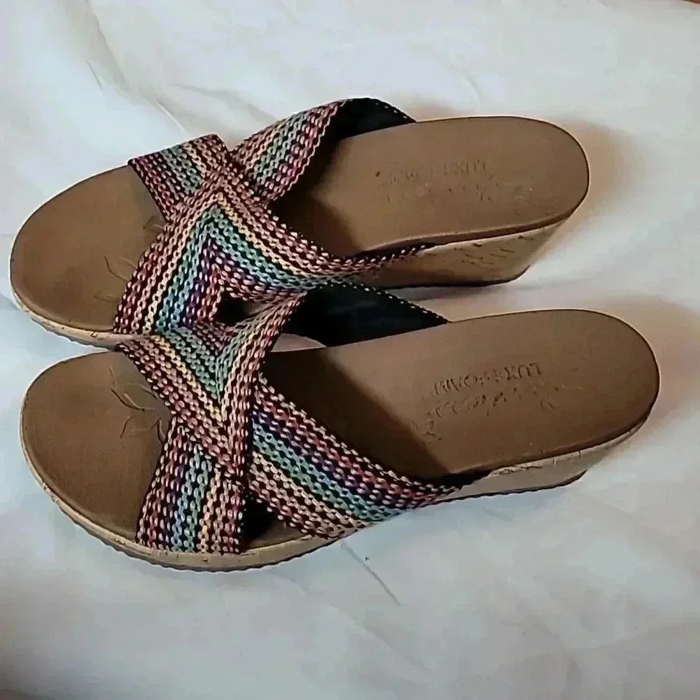 Skechers  Women's Size 9 US Luxe Foam Cork Wedge Sandals Colorful Strappy